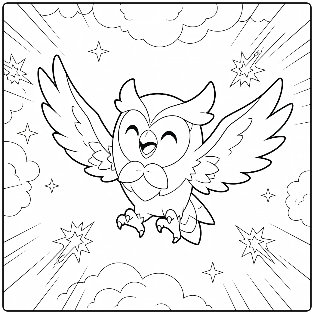 Dartrix Smiling Owl in Dynamic Flight coloring page