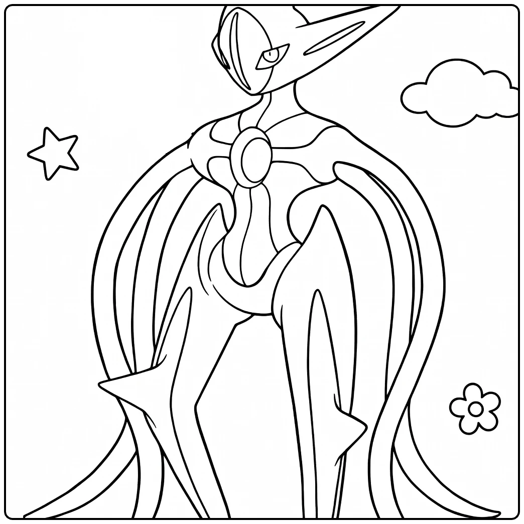 deoxys coloring page in tough pose with flower and star