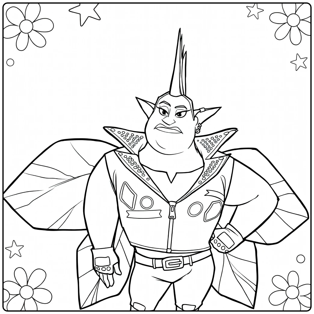 Dewdrop coloring page featuring the tough pixie with wings and a mohawk