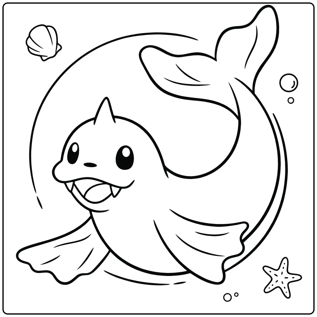 Dewgong in Sea with Shells and Starfish coloring page