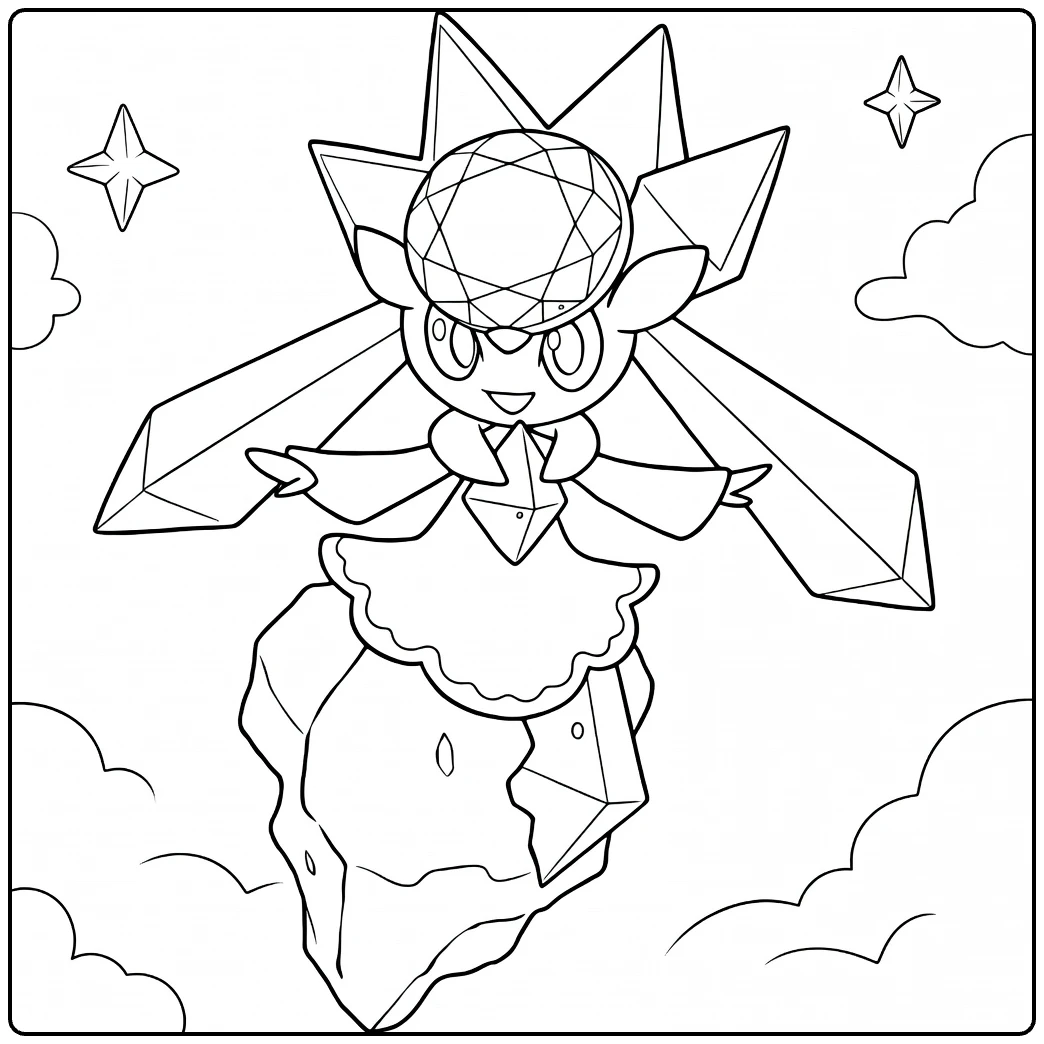 Diancie on Rock with Clouds and Diamonds coloring page