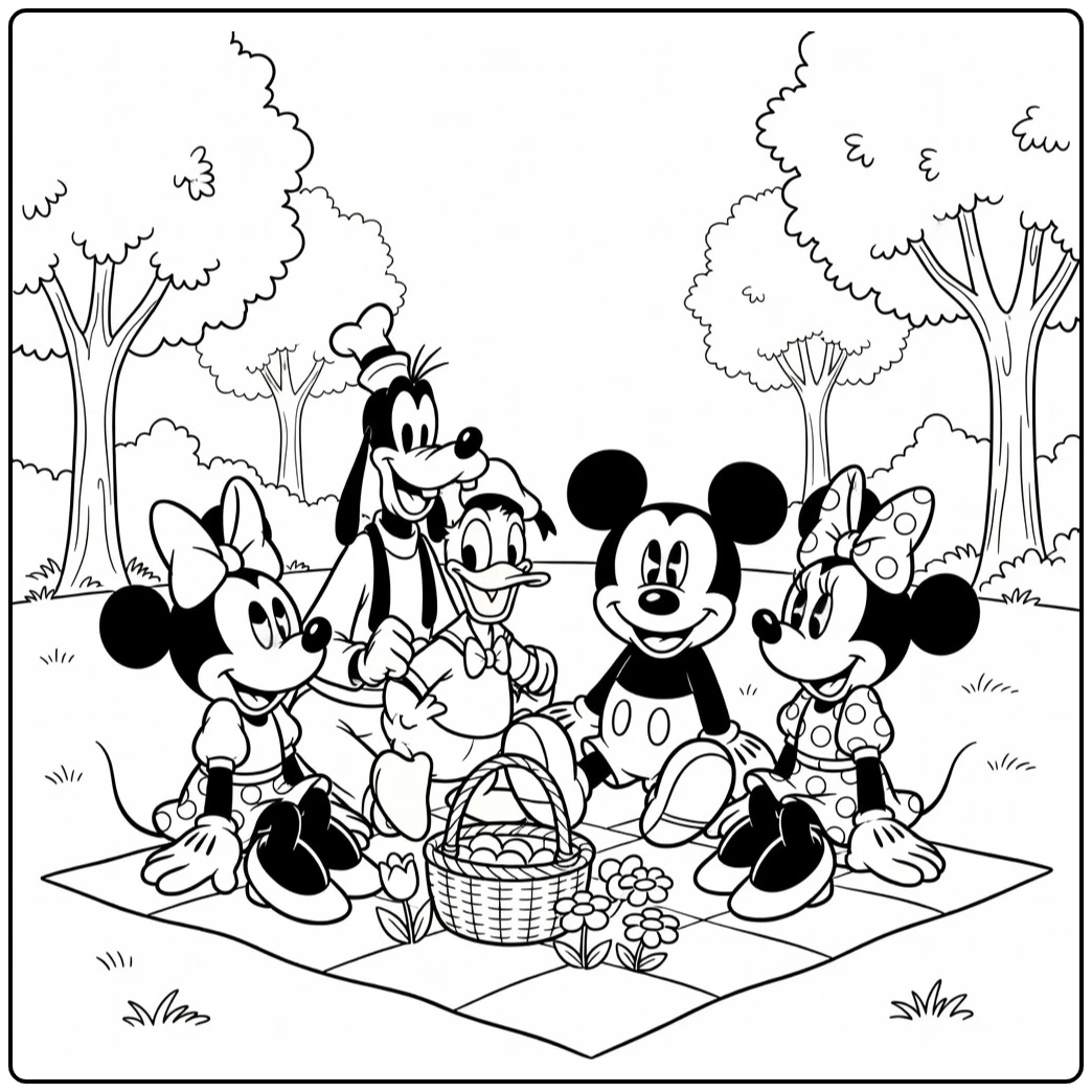 Disney coloring page showing Mickey, Minnie, Donald, and Goofy picnicking