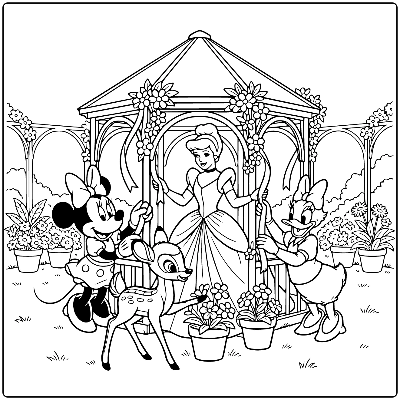 Disney coloring page featuring Minnie, Daisy, Cinderella, and Bambi