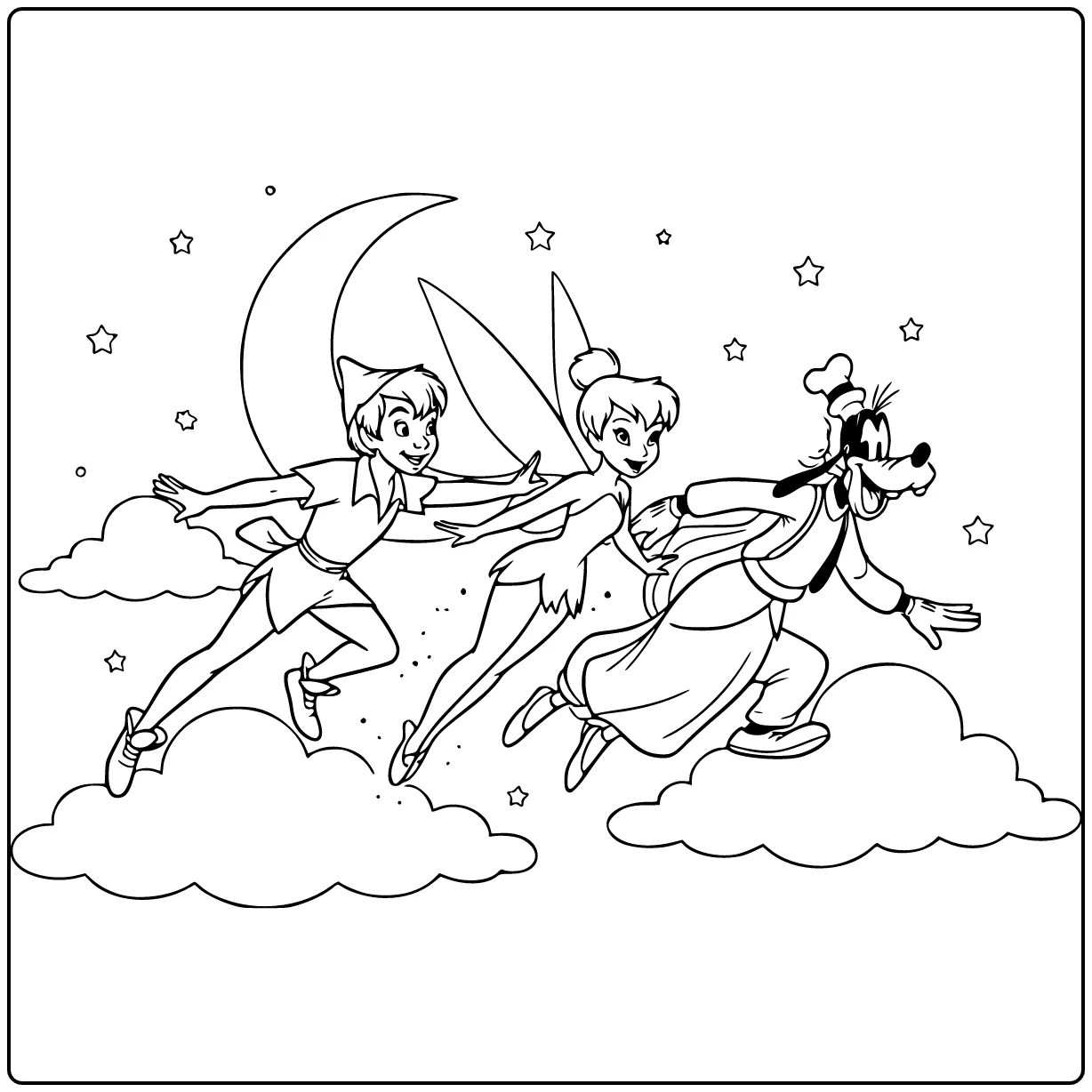Disney coloring page featuring Peter Pan, Tinker Bell, Wendy, and Goofy