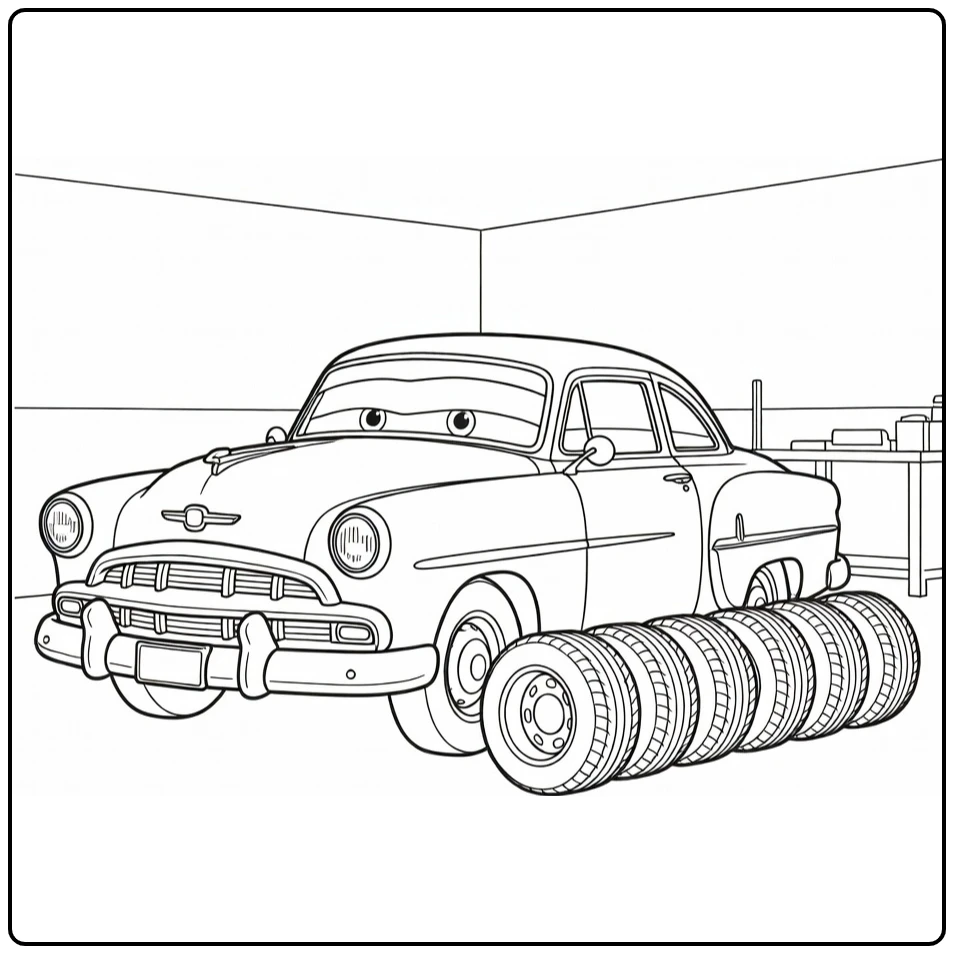 doc Hudson Bekijkt Tires in Schone Garagehoek coloring page