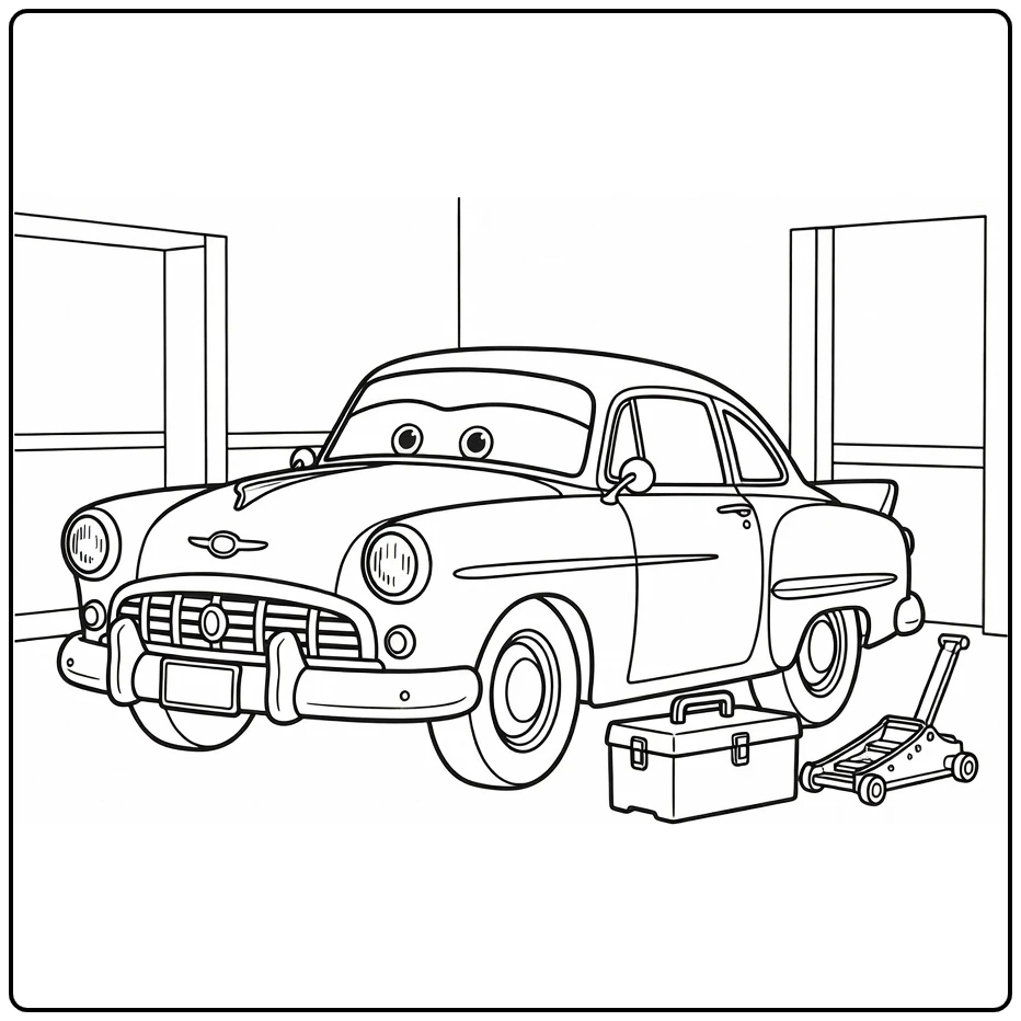 doc Hudson Doktersauto in Schone Garage coloring page