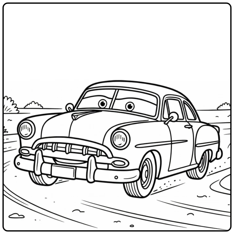 Doc Hudson coloring page with a dirt track turn and tire marks