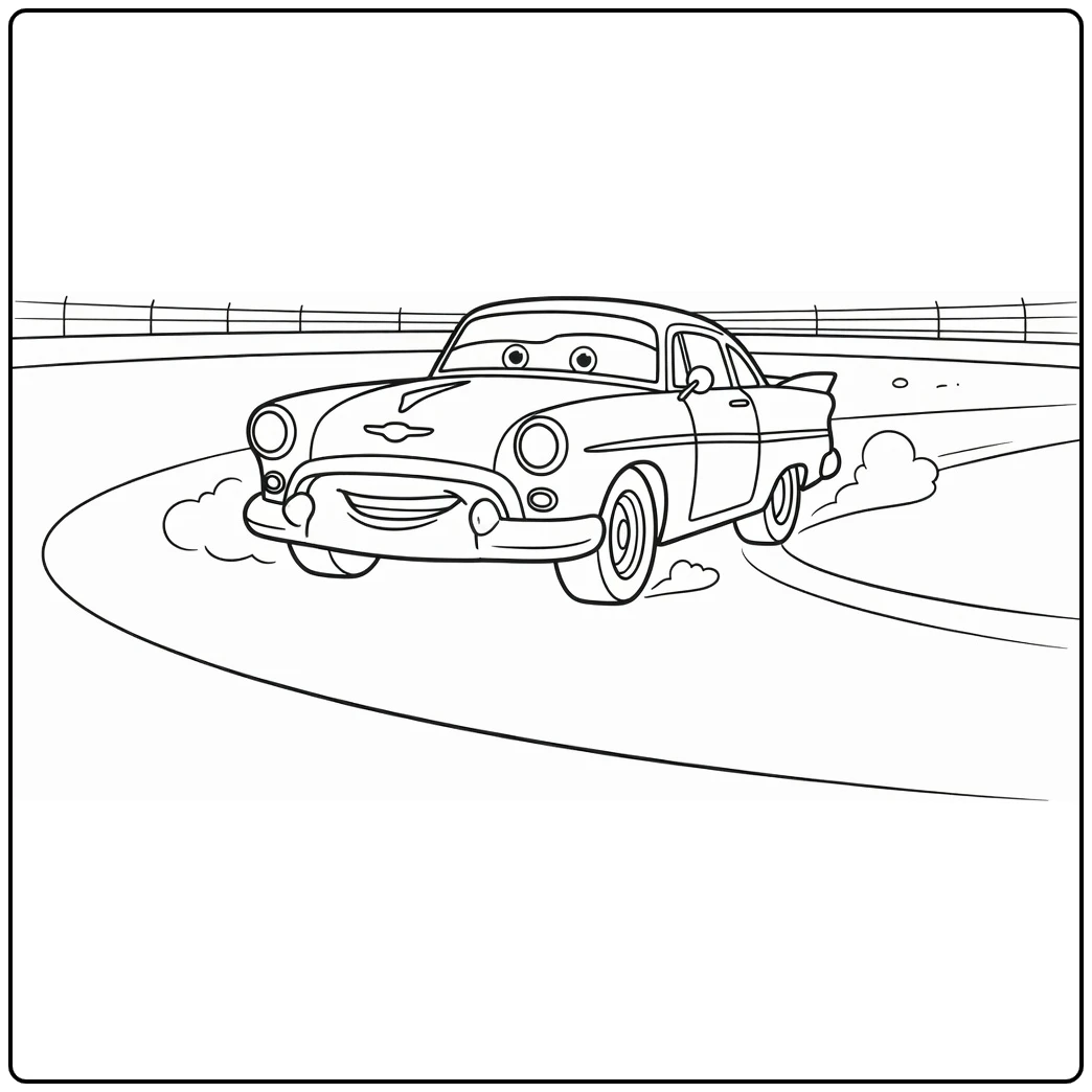 doc Hudson in Zachte Drift on Race Track coloring page