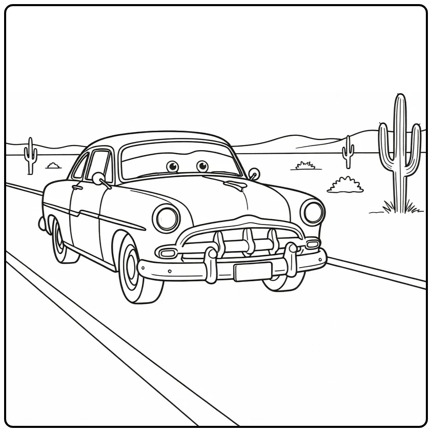 doc Hudson Rijdend Door Route 66 Desert coloring page