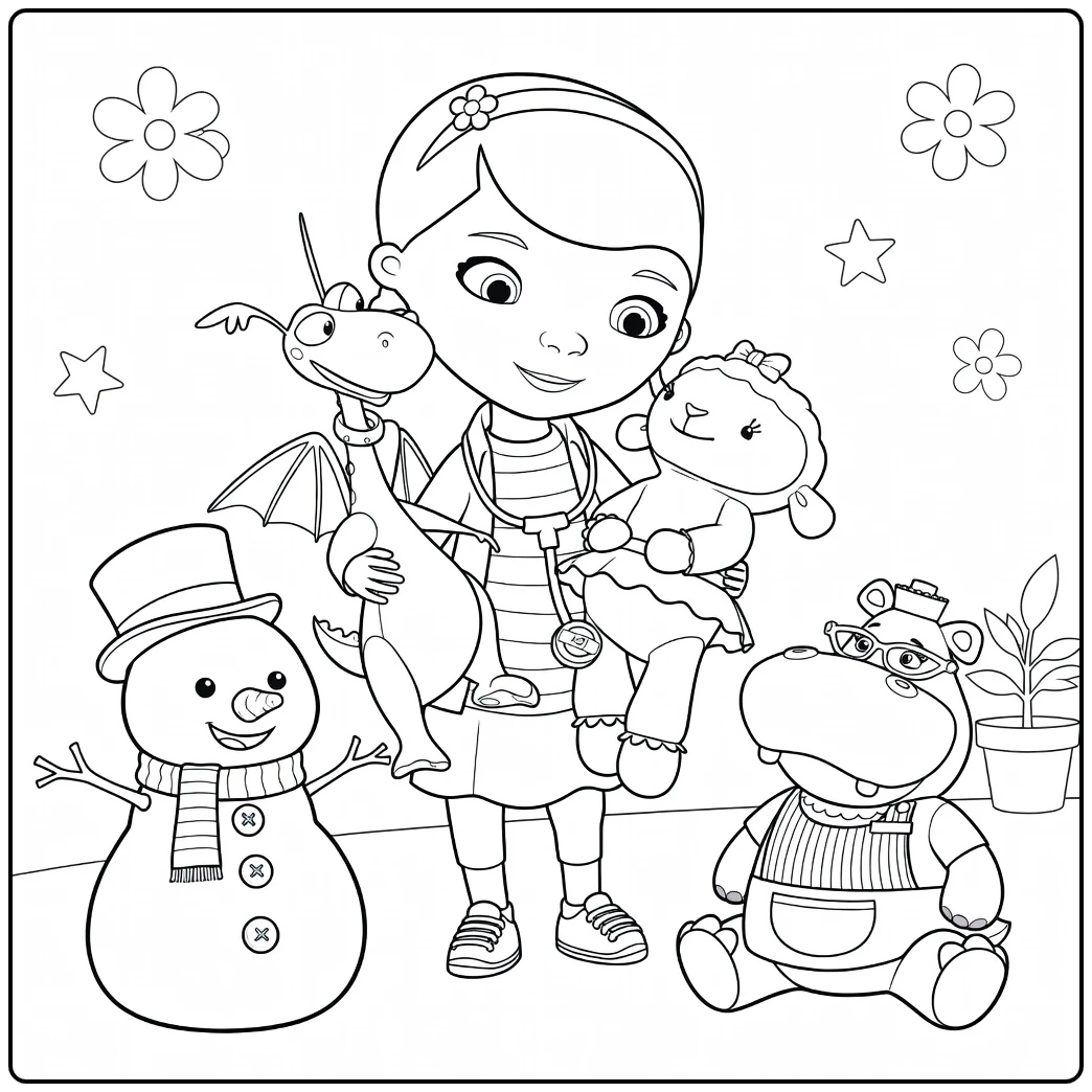 Doc McStuffins coloring page with Doc and her toy friends