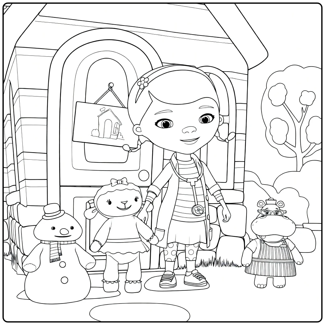 doc McStuffins Doc with Sneeuwman and Animals coloring page