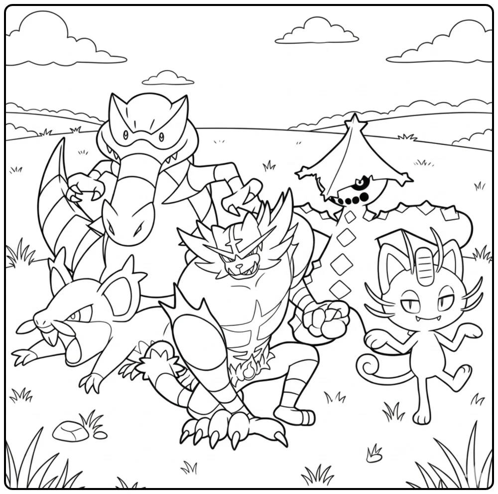 Dark Pokemon coloring page with mysterious ghost-like figures