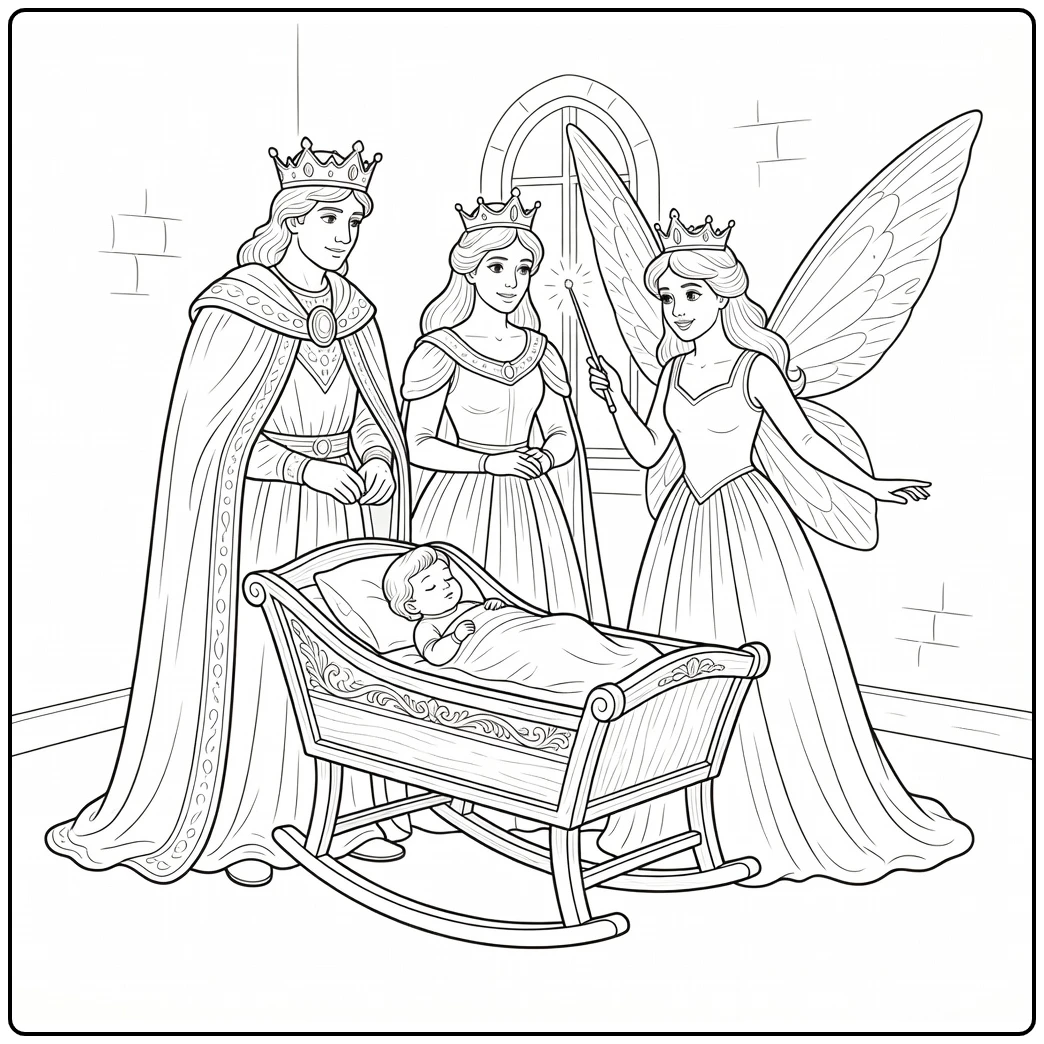 doornroosje Baby in Kasteelkinderkamer with Family coloring page