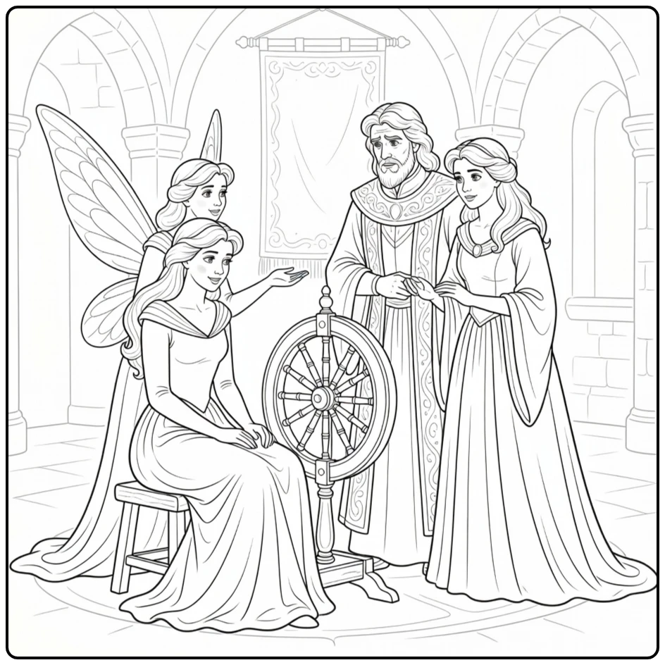 doornroosje in Kasteelkamer with Family and Fee coloring page