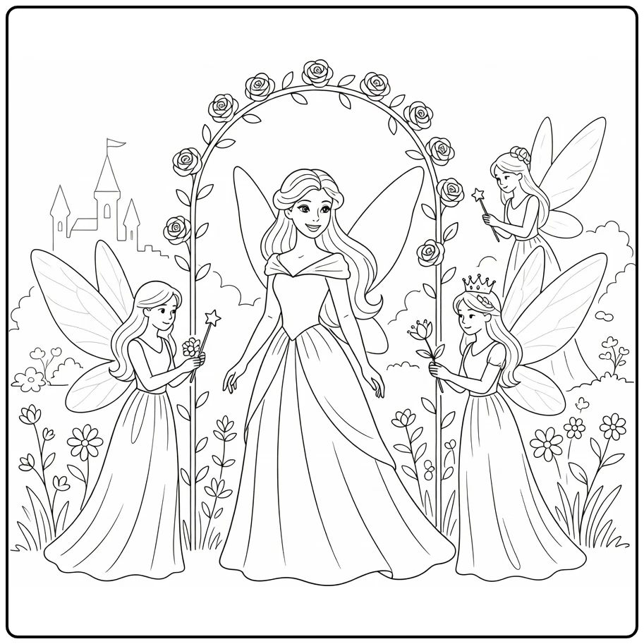 doornroosje coloring page in kasteeltuin with magische feen