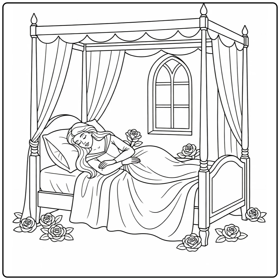 doornroosje coloring page in stille kasteelkamer with venster