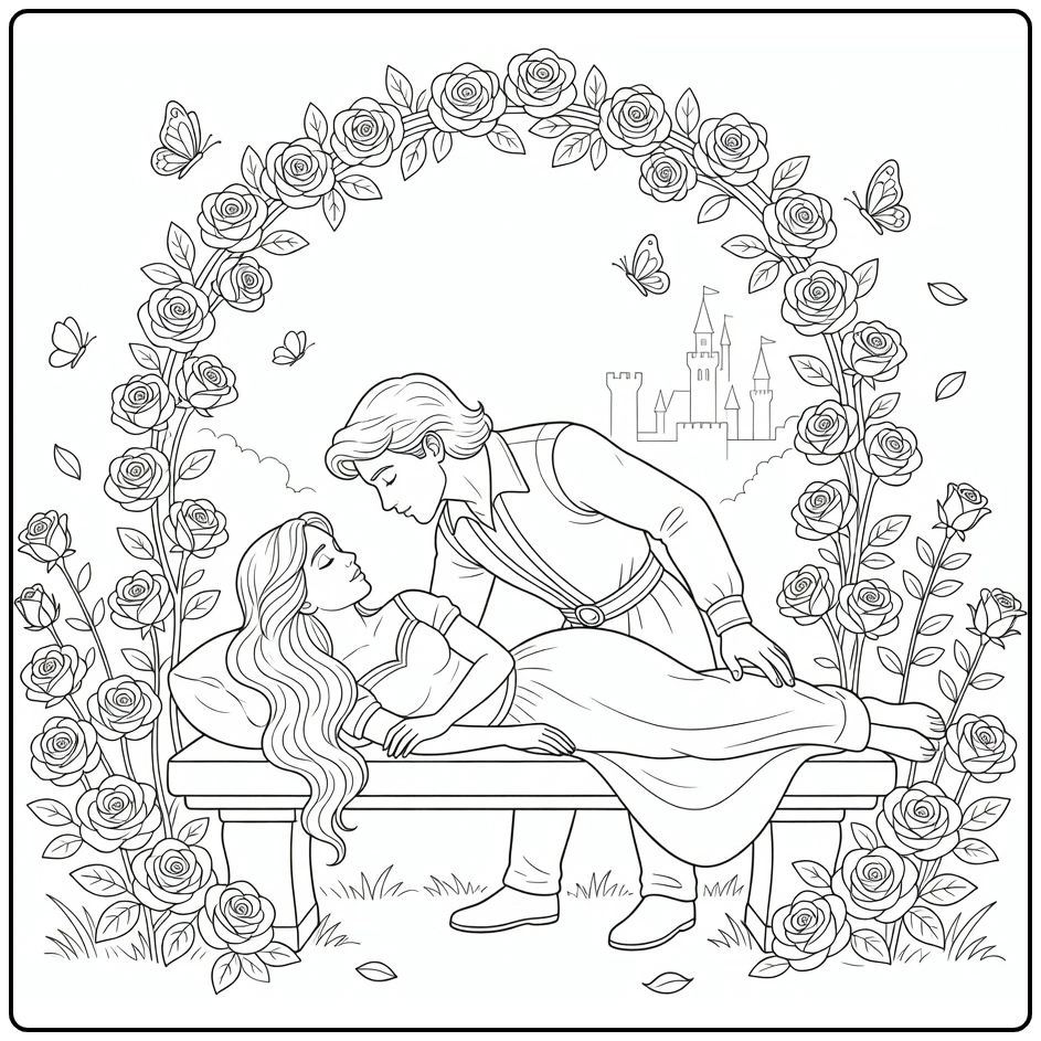 doornroosje coloring page with prins and rozenboog kus