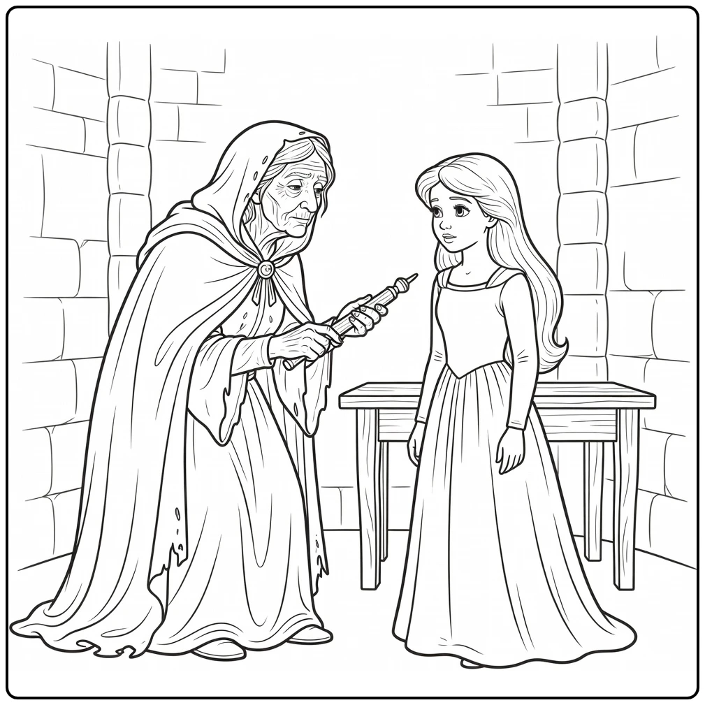 doornroosje coloring page with princess and spindel in toren