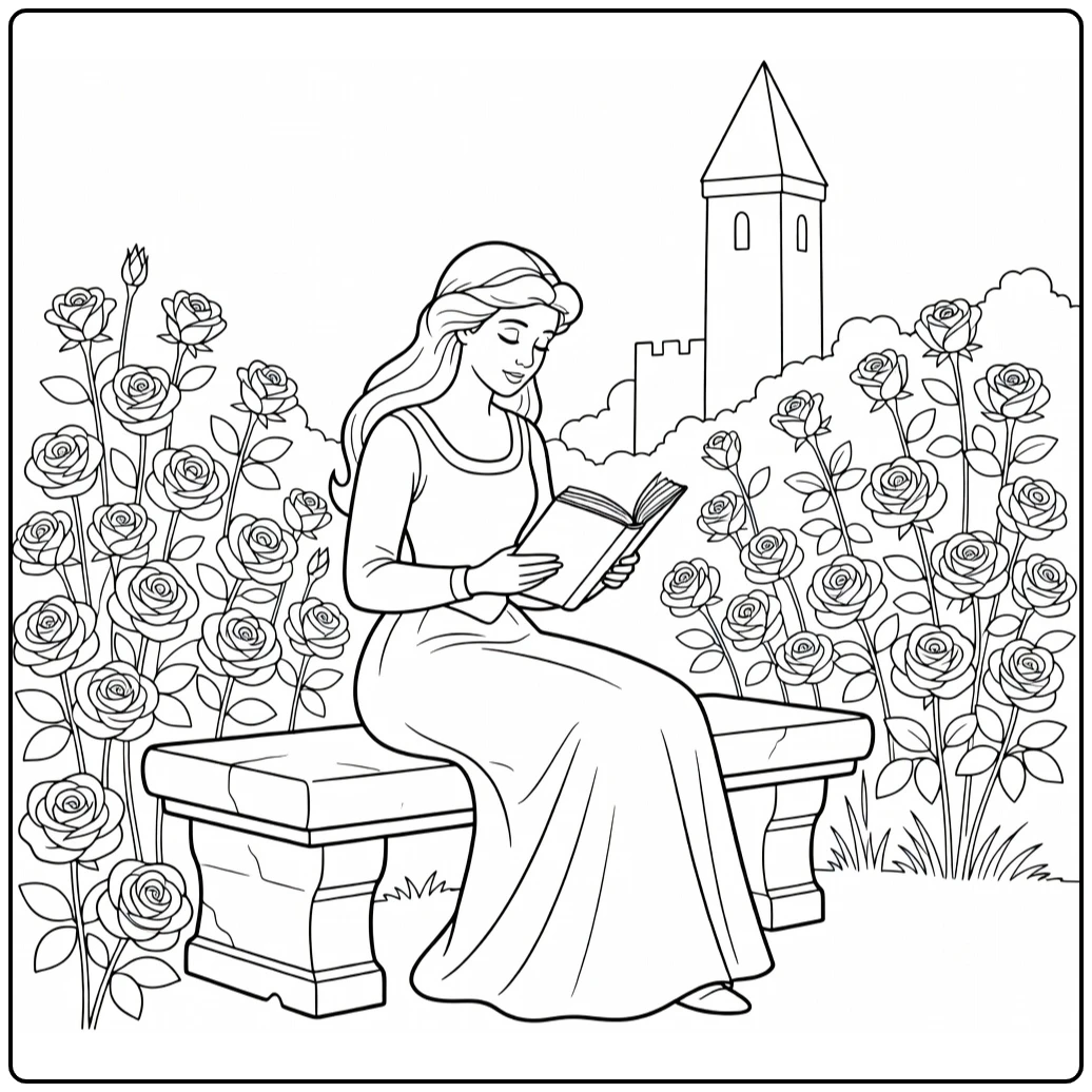 doornroosje coloring page on couch in vredige rozentuin