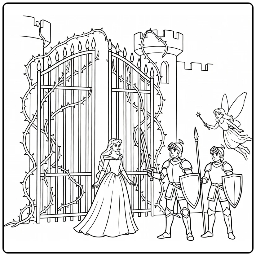 doornroosje coloring page prins and fee with doornroosje on kasteel