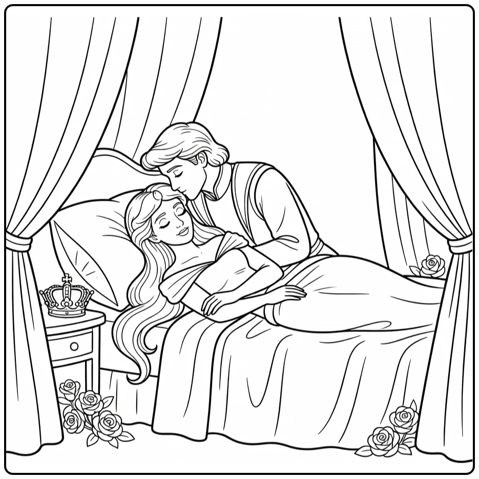 Sleeping Beauty coloring page with a prince kissing the sleeping princess