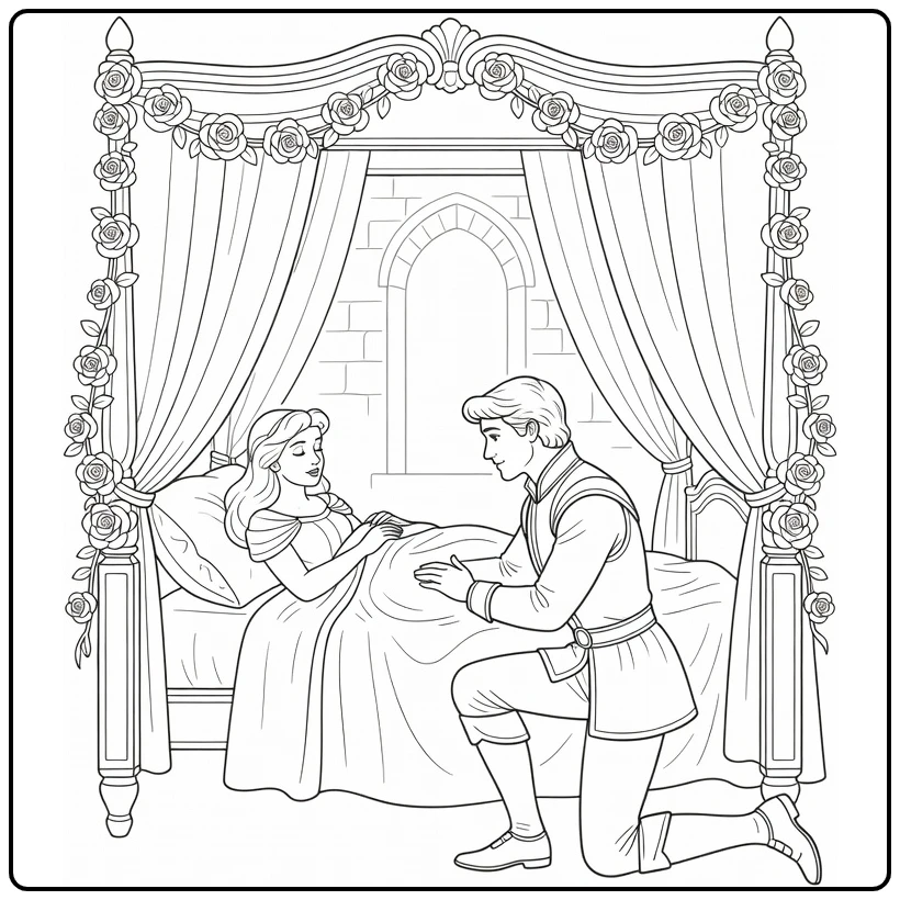 doornroosje coloring page prins wekt slapende schoonheid with bed