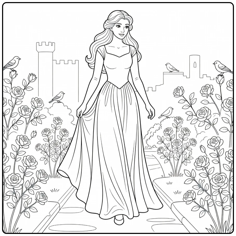 doornroosje coloring page princess with rozen and vogels