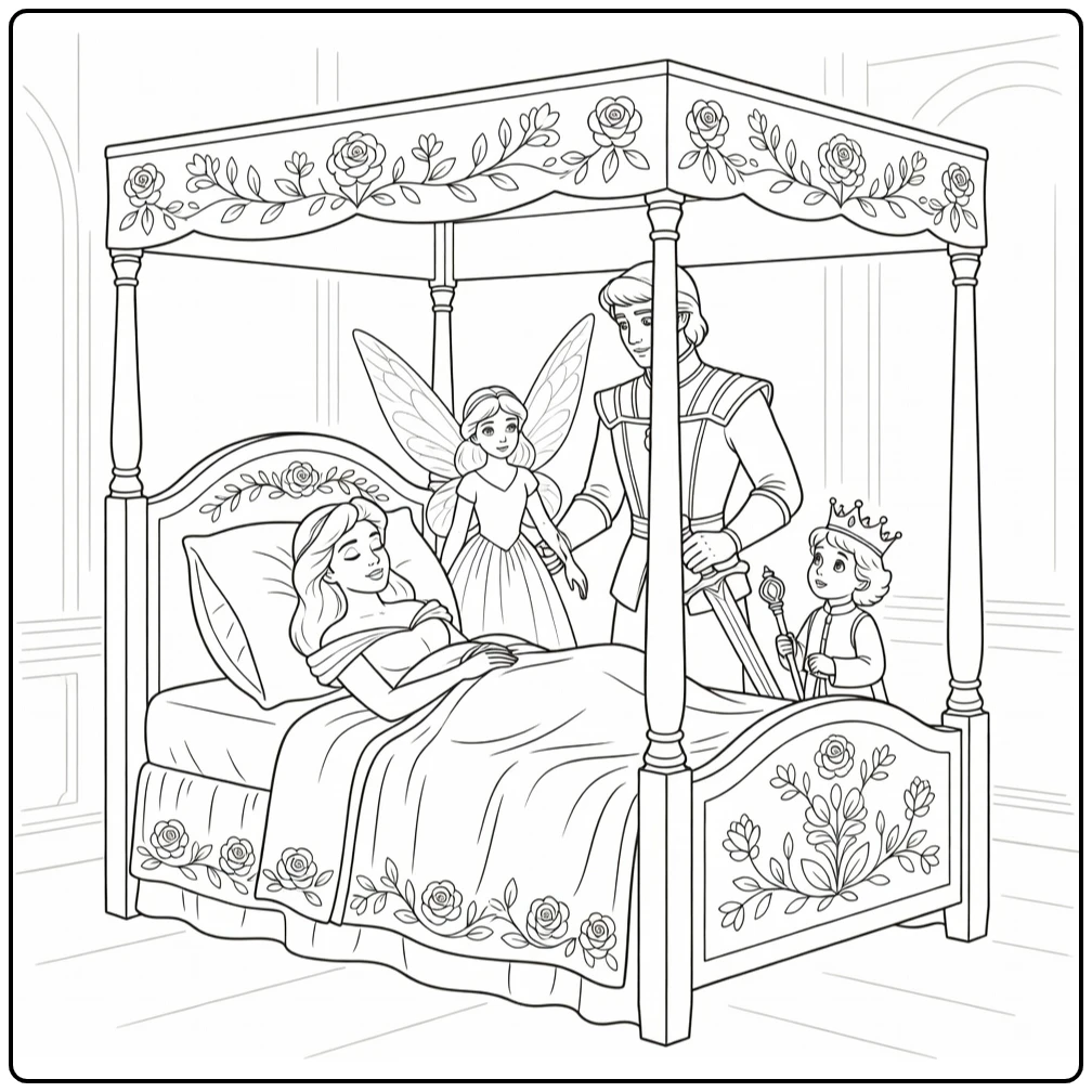 doornroosje coloring page princess on bed with prins and fee