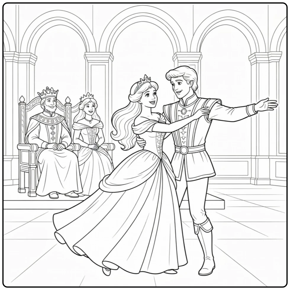 doornroosje coloring page of dans in paleiszaal with prins