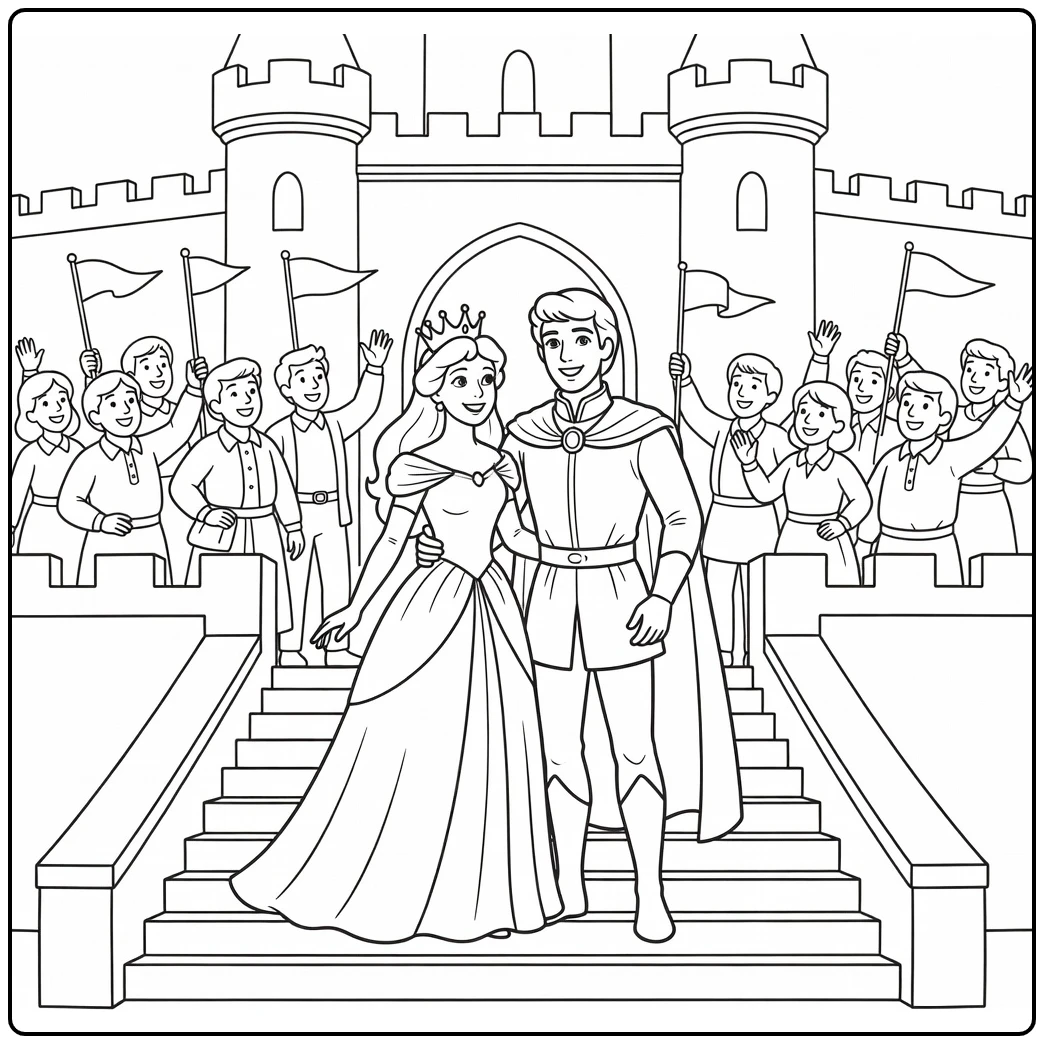 doornroosje Koninklijk Party with Prins and Flags coloring page