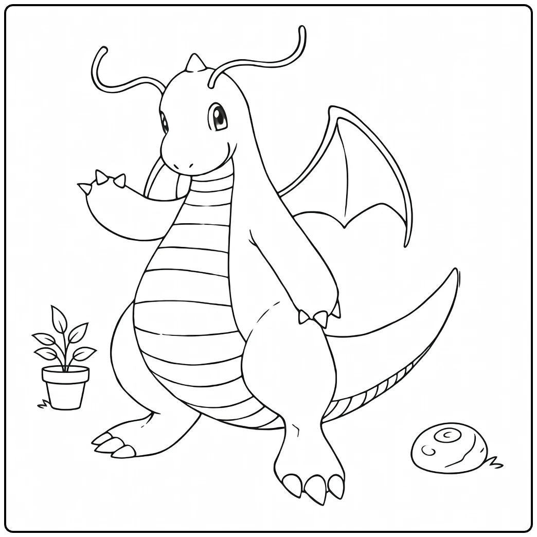 dragonite coloring page with zwaaiende dragon and plantje