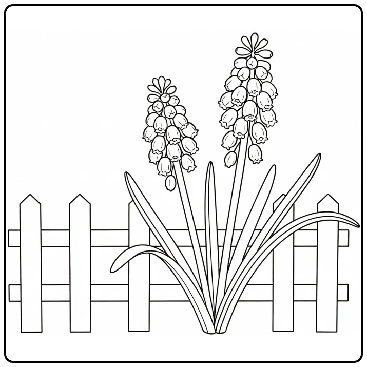 Garden coloring page showing grape hyacinths beside a picket fence