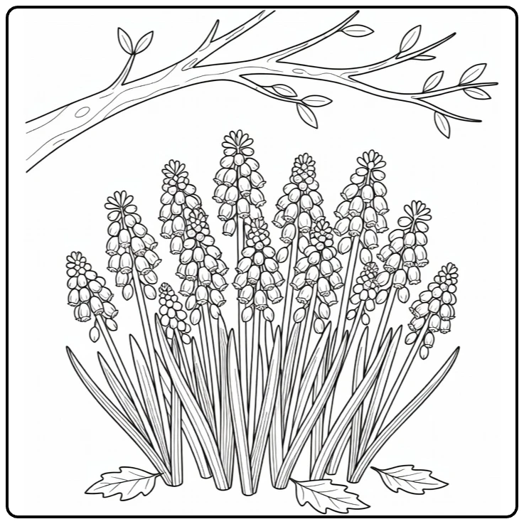 Spring coloring page of grape hyacinths growing beneath a tree branch