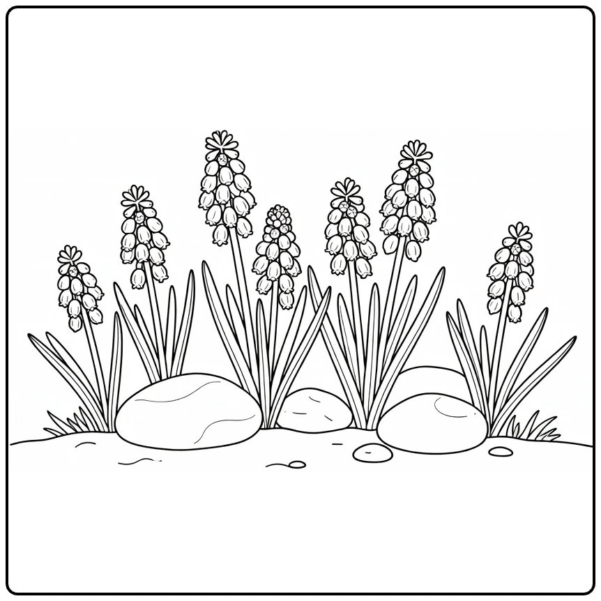 Grape hyacinth coloring page featuring flowers beside smooth stones