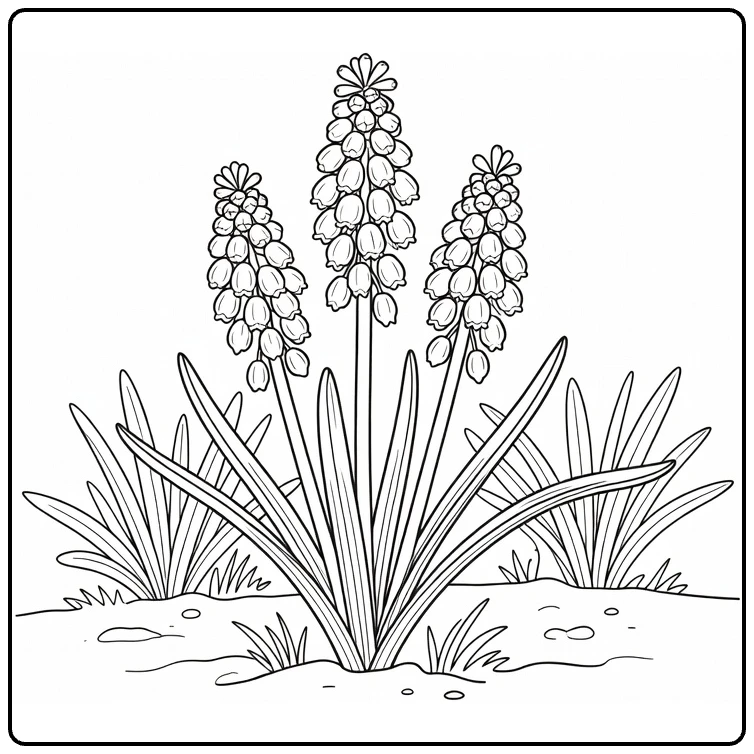 Garden coloring page featuring three grape hyacinths and narrow leaves