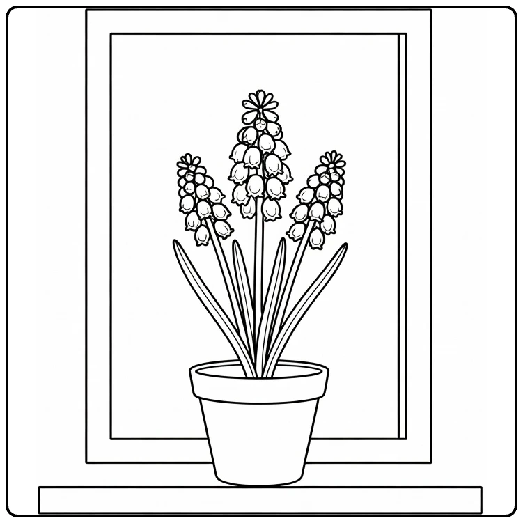 Windowsill coloring page featuring grape hyacinths in a small pot