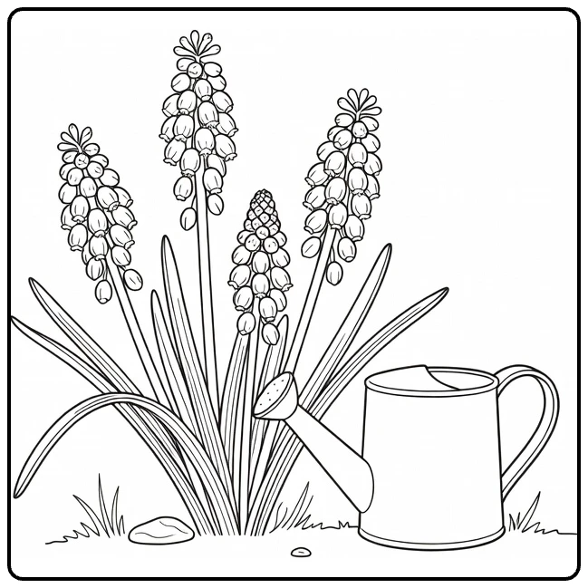 Spring coloring page with grape hyacinths growing next to a watering can