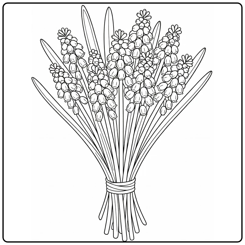 Grape hyacinth coloring page showing a hand-tied flower bouquet