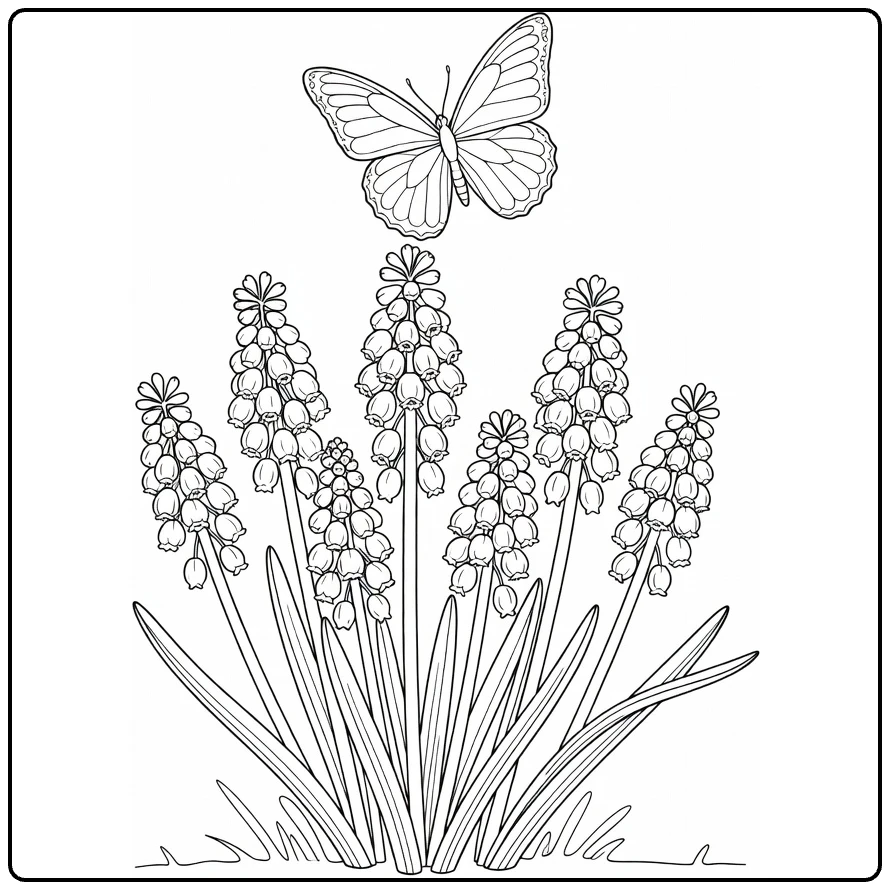 Grape hyacinth coloring page with a butterfly hovering above the flowers