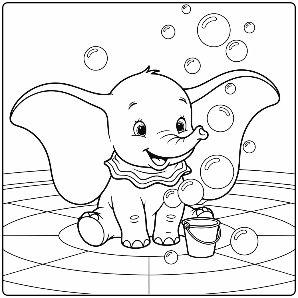 dumbo coloring page baby elephant speelt with bubbles with bucket