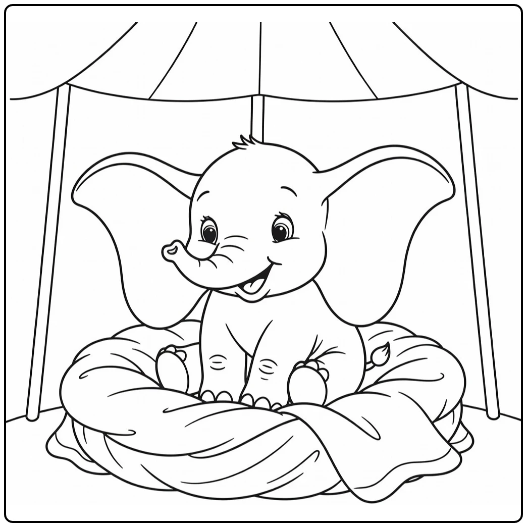 Dumbo coloring page with a smiling baby elephant in a blanket nest