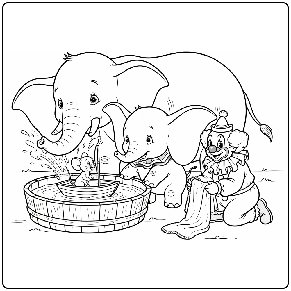 dumbo coloring page with spel with water with mama jumbo and clown