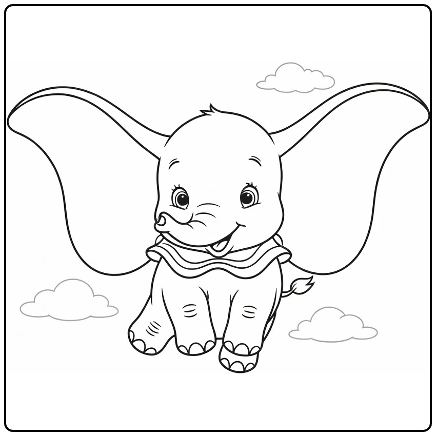 dumbo coloring page of vliegend olifantje with wijd oren and zachte clouds