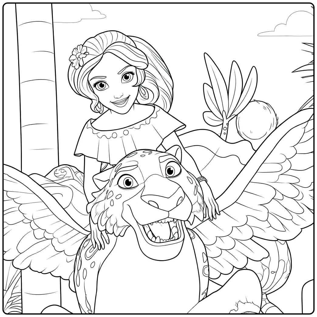 Elena of Avalor coloring page with Elena and a jaguar