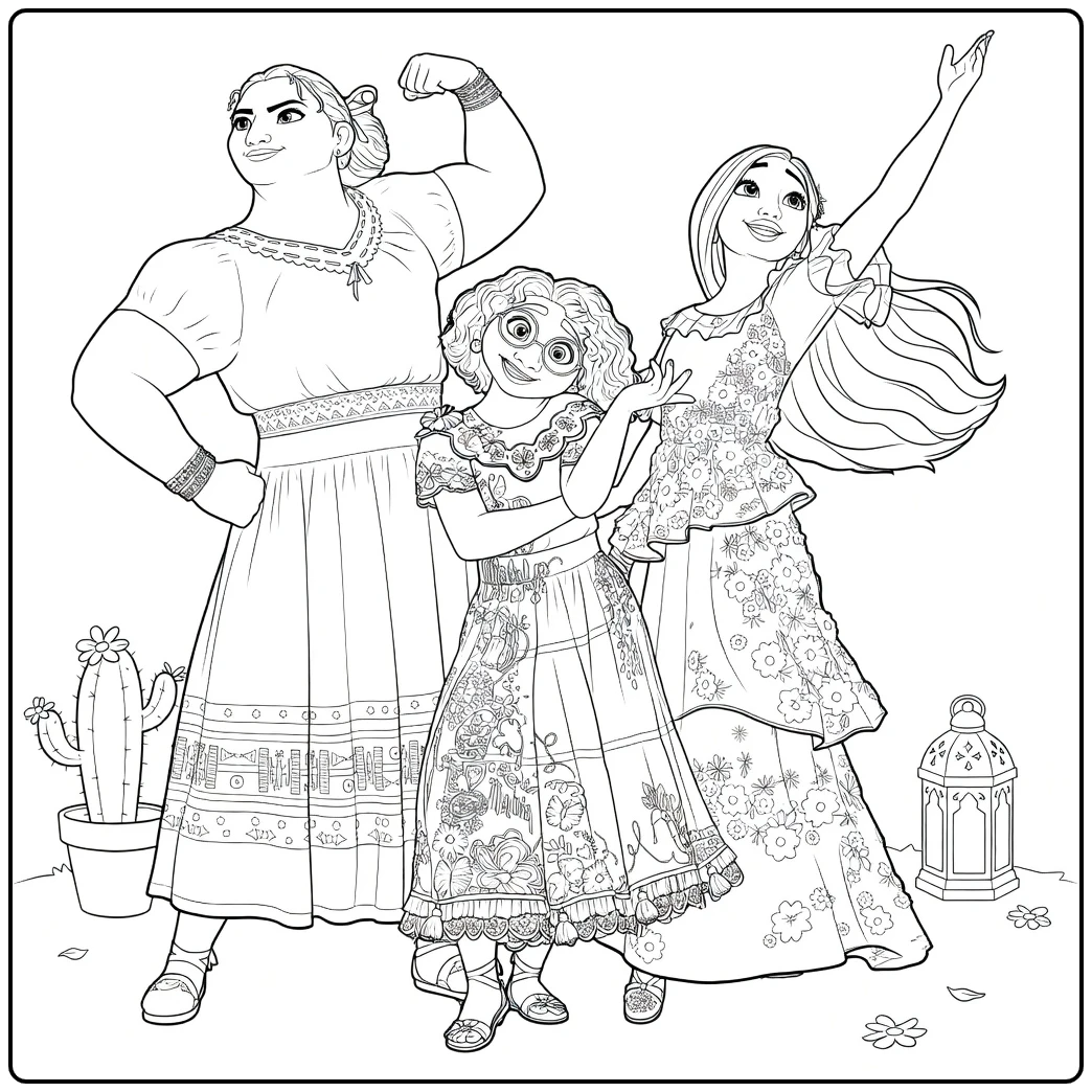 Encanto coloring page with three women in dynamic poses