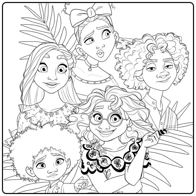 Encanto Expressive Family with Ruffles and Hair Flowers coloring page