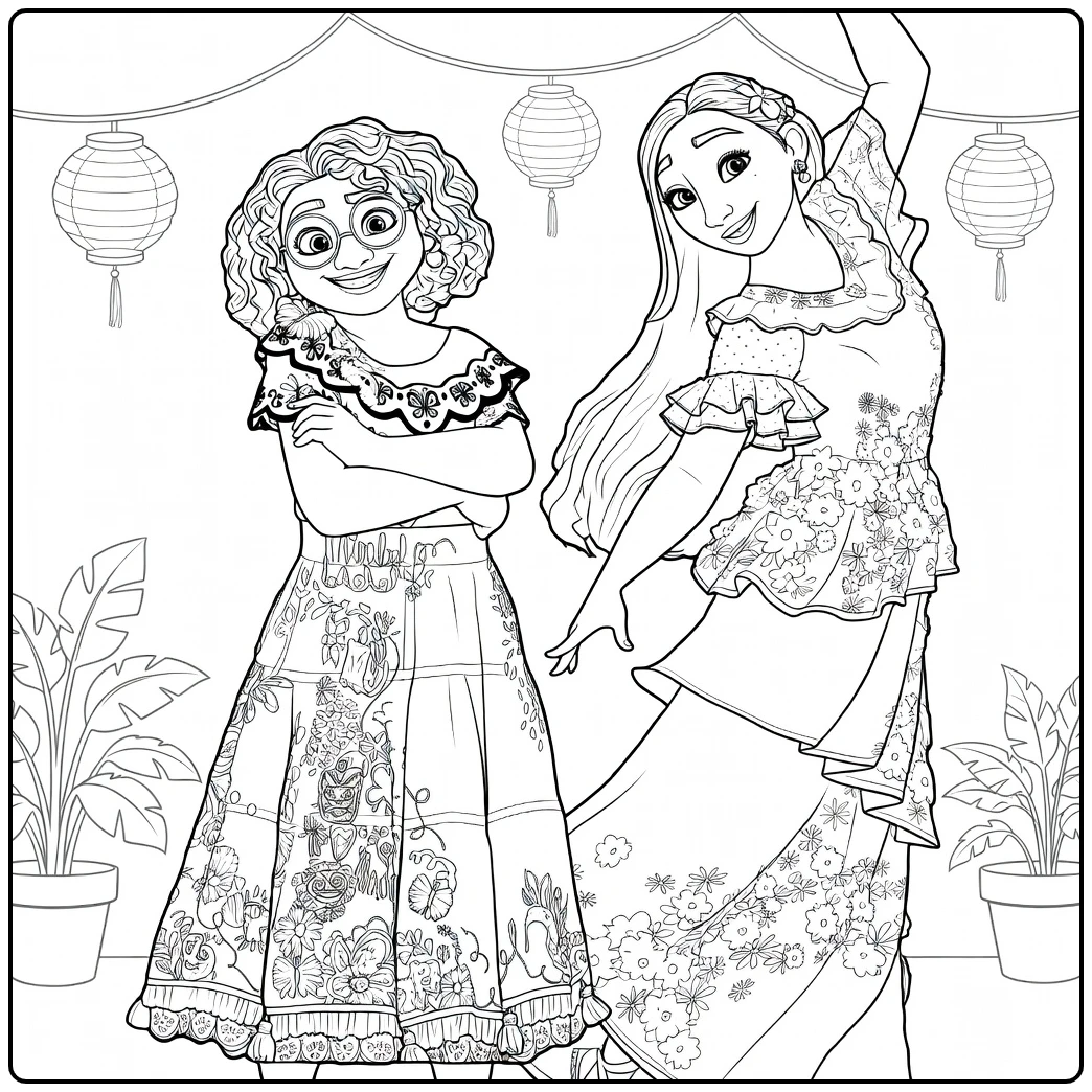 Encanto Two Girls with Glasses and Flowers coloring page