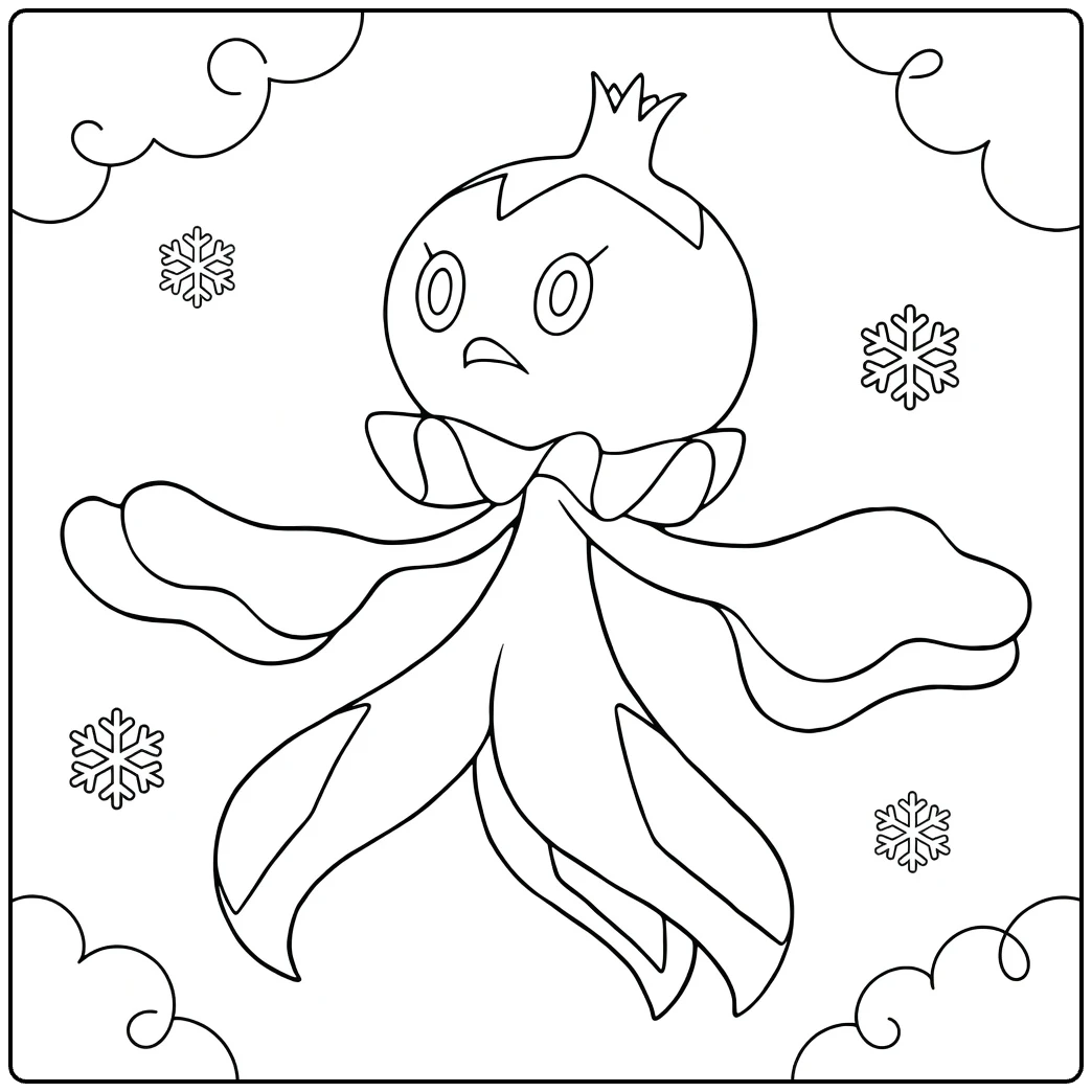 Frillish in Winter with Clouds and Snowflakes coloring page