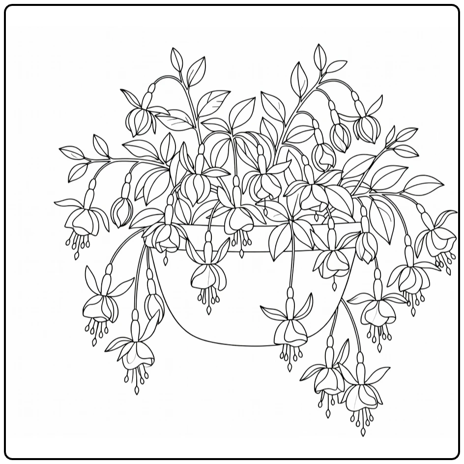 Fuchsia coloring page featuring a hanging basket with bell-shaped flowers