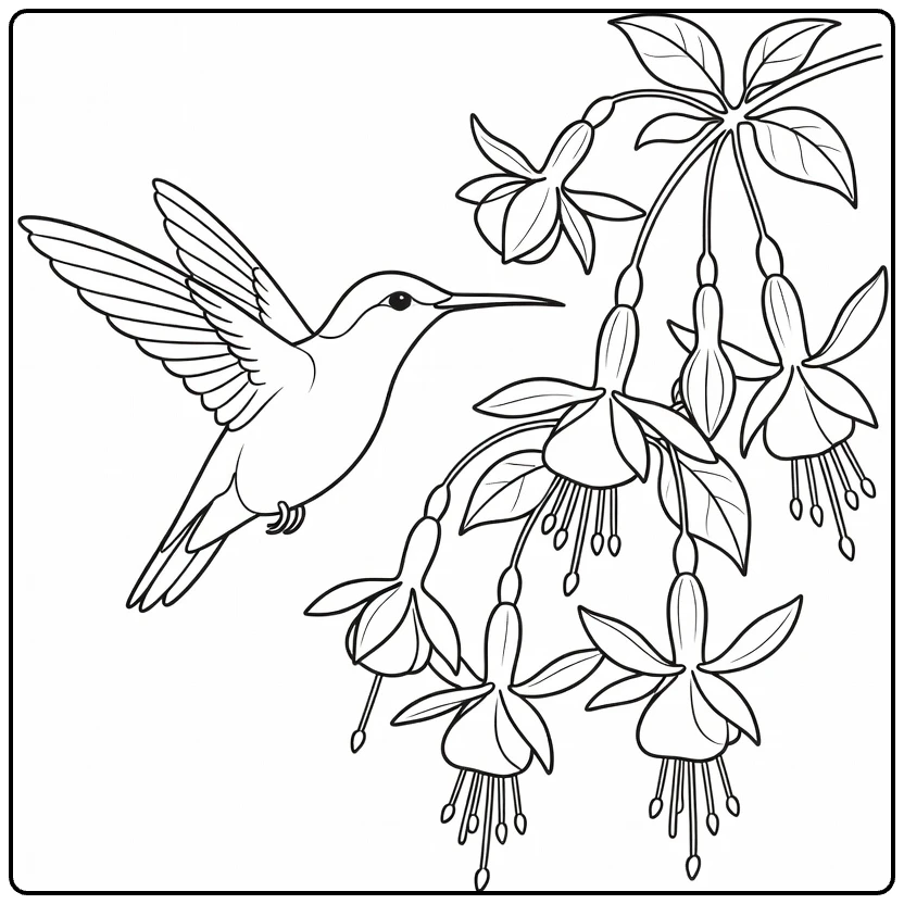 Fuchsia coloring page showing a hummingbird by hanging flowers